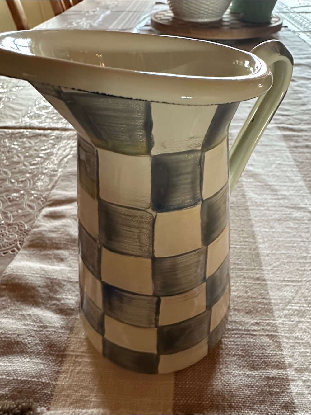 MacKenzie-Childs Checked Enamel Pitcher in Cream and Gray Sterling pattern NWT - Picture 7 of 12